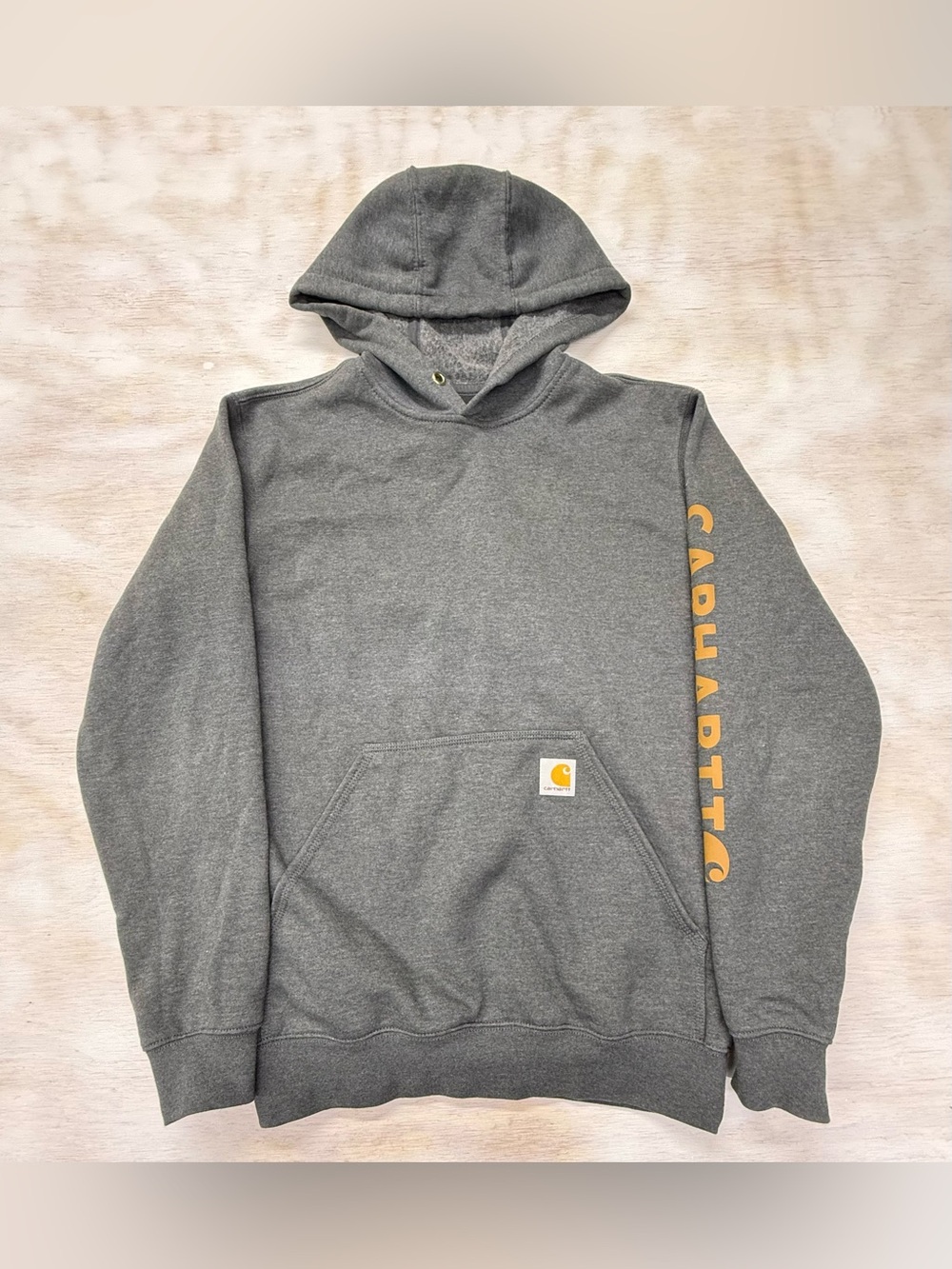 Carhartt Gray Pullover Hoodie with Yellow Sleeve Logo Men’s Small